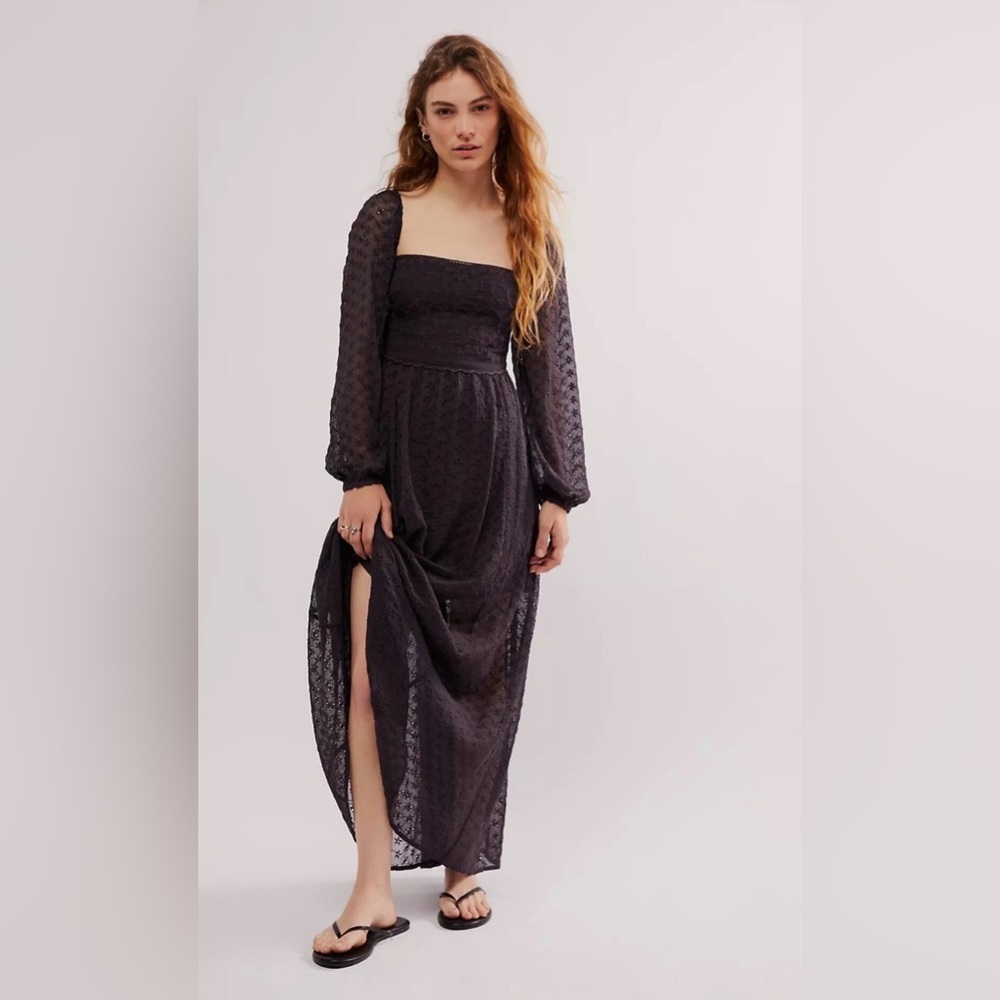 Free People Malina Eyelet Maxi Dress Long Sleeve Square Neck Size M